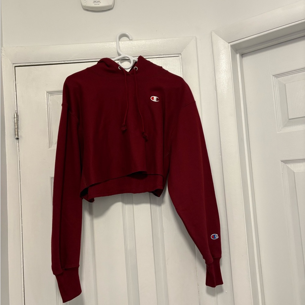 Champion Women's Maroon Cropped Hoodie